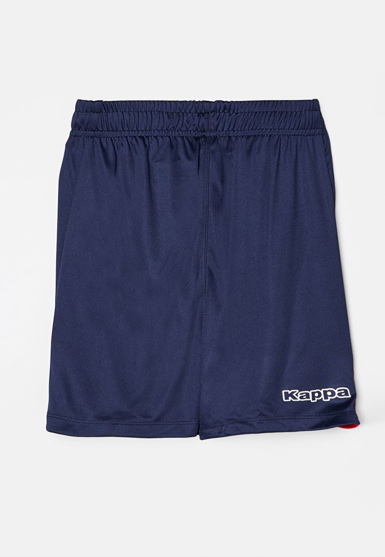 Marineblauwe sportshorts met een elastische tailleband, gemaakt van lichtgewicht stof, met het Kappa-logo in het wit aan de linkerbovenkant.