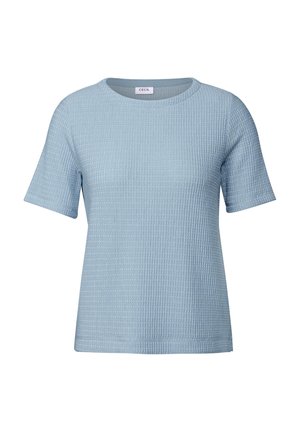 Top de algodón de manga corta en azul claro, con un patrón texturizado y acanalado; cuello redondo y dobladillo recto. Ideal para el uso diario.