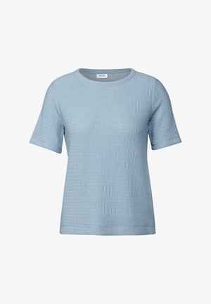 Lys blå, kortærmet bomuldstop med et strukturret, ribbet mønster; rund halsudskæring og lige kant. Ideel til afslappet brug.