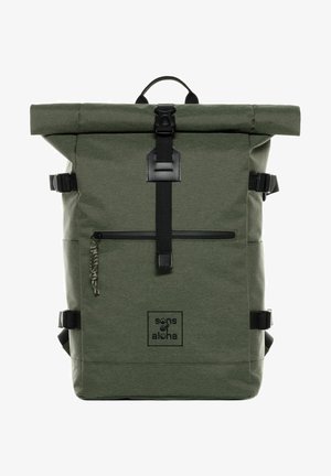 Green roll-top backpack made of textured fabric. Features black straps, buckles, and a front zipper pocket with a decorative pull.