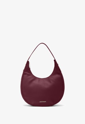 Piccola borsa a mezzaluna in pelle testurizzata color bordeaux con una tracolla singola e il logo "Laura Biagiotti" in argento sul davanti.