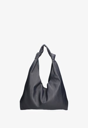 Navy leren hobo tas met gedraaide handvatten, zachte textuur, nonchalante vorm en één groot vak. Geen zichtbaar beslag of accenten.
