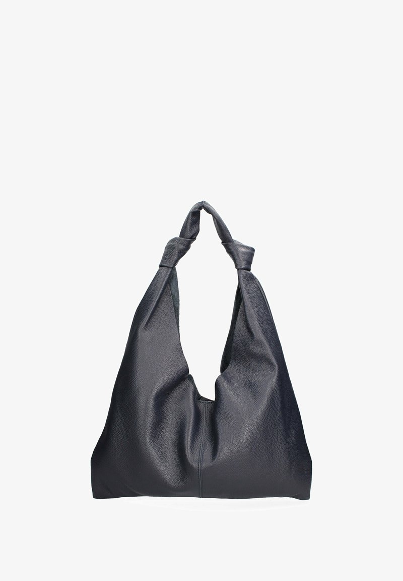 Sac hobo en cuir bleu marine avec anses torsadées, texture douce, forme souple et unique grand compartiment. Sans éléments métalliques visibles ni accents.