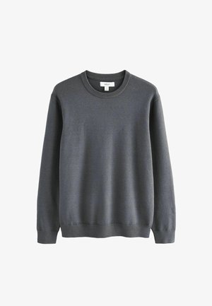 Gray crew-neck sweatshirt made of a soft fabric, featuring ribbed cuffs and hem, with a tag visible at the neckline.