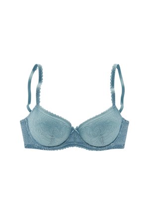 Light blue lace underwire bra with adjustable scalloped straps and a small central bow detail.