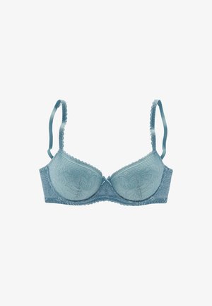 Light blue lace underwire bra with adjustable scalloped straps and a small central bow detail.
