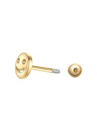 Zlatna emoji uška s dizajnom nasmijanog lica i vijčanim postom. Uključuje odgovarajući dio za pričvršćivanje kako bi se osigurala stabilnost.