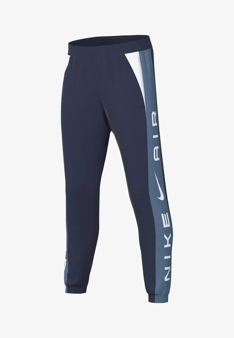 Pantalones deportivos en color azul marino con un corte ajustado, cinturilla elástica y logo de Nike Air en blanco en un panel lateral de color azul claro. Cuenta con una textura suave.