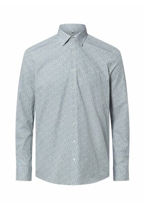 Camicia con bottoni in azzurro chiaro con motivo floreale. Presenta un colletto aperto e maniche lunghe. Il tessuto appare liscio e leggero.
