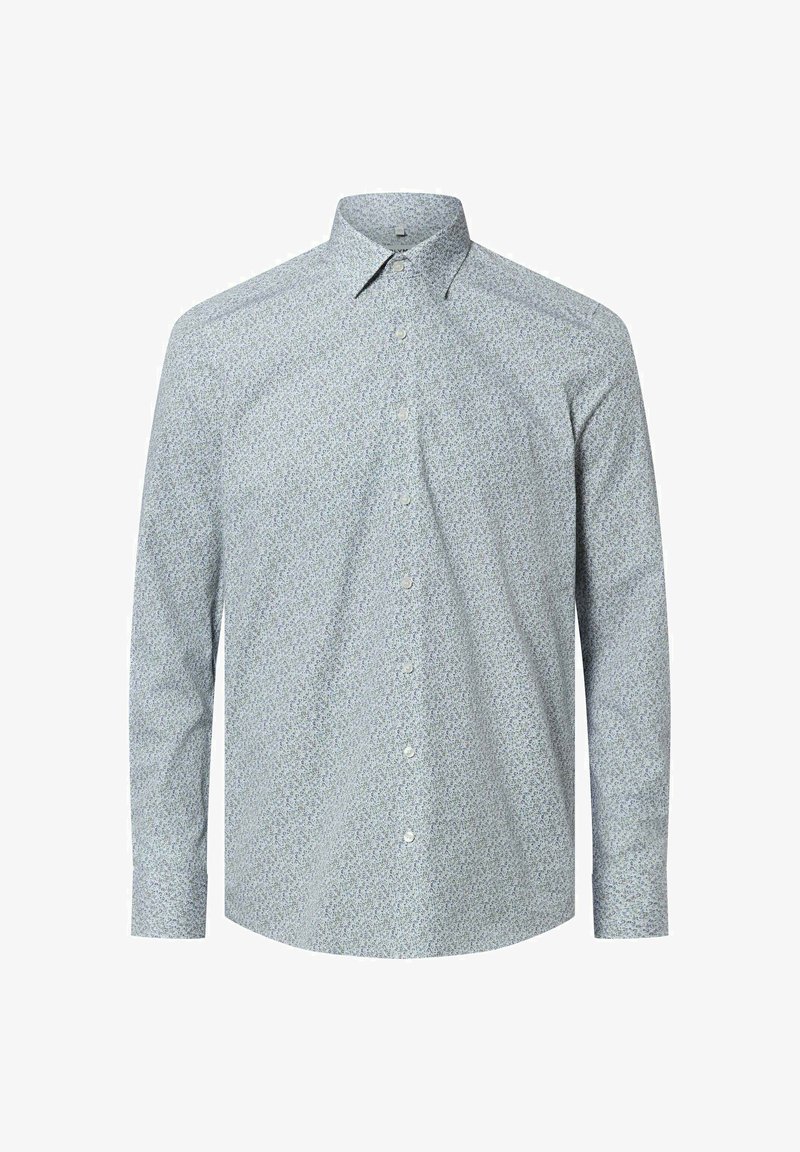 Button-up shirt in light blue with a floral pattern. Features a spread collar and long sleeves. Fabric appears smooth and lightweight.