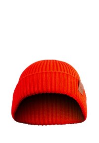 Knitted beanie in bright orange, featuring ribbed texture, a folded cuff, and a small rectangular leather patch on the side.