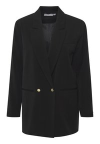 Černý blazer z měkké tkaniny s přiléhavým střihem, klopami, dvojitým zapínáním na knoflíky a dvěma předními kapsami se zlatými akcenty.