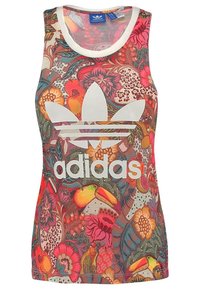 Ärmlös linne med ett livligt blommönster och tropisk tryck i flera färger. Vit Adidas-logotyp över bröstet. Mjuk tyg.