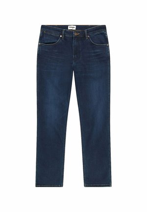 Donkerblauwe denim jeans met een recht model, vijf zakken en gele stikdetails. Voorzien van een knoop- en ritsluiting.