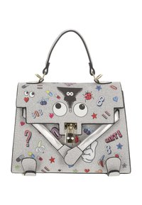 Silver handbag with mixed materials featuring playful printed graphics, including eyes, stars, and various colorful icons. Flap closure with metal hardware.