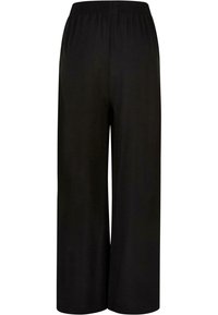 Pantalon noir à jambes larges avec taille élastique, tissu lisse et coupe ample et décontractée.