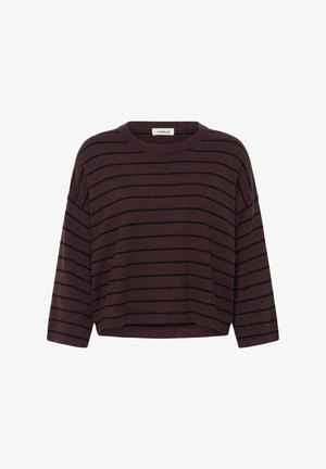 Pull rayé bourgogne en tissu doux, avec un col rond et une coupe décontractée. Présente des rayures horizontales noires sur le corps.