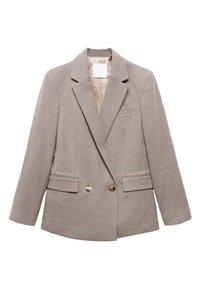 Blazer croisé beige et marron à petits carreaux avec revers crantés, deux poches à rabat devant et deux boutons.