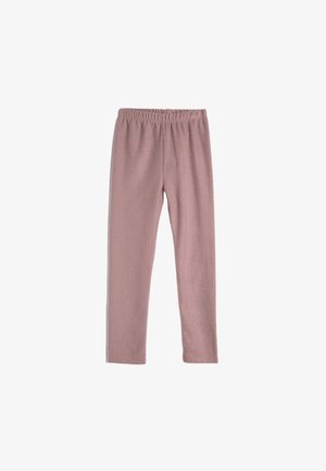 Leggings stretchy de couleur rose clair, fabriqués en tissu doux avec une taille élastique, présentant une texture lisse et un design ajusté.