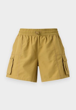Cargo shorts in khaki with an elastic waistband, drawstring, and two side pockets. Made from lightweight fabric with a smooth texture.
