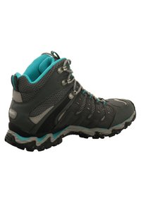 Gray hiking boots with turquoise accents, mesh and synthetic materials, mid-calf height, rounded toe, and rugged outsole for traction.