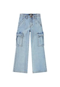 Lyseblå denim cargo bukser med vide ben, som har to store sidelommer, sømdetaljer og lukking med knapp foran.