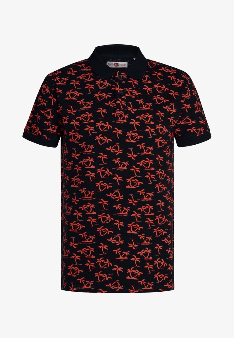 Polo noir à manches courtes avec motif imprimé orange de palmiers et d’île avec patte à trois boutons.