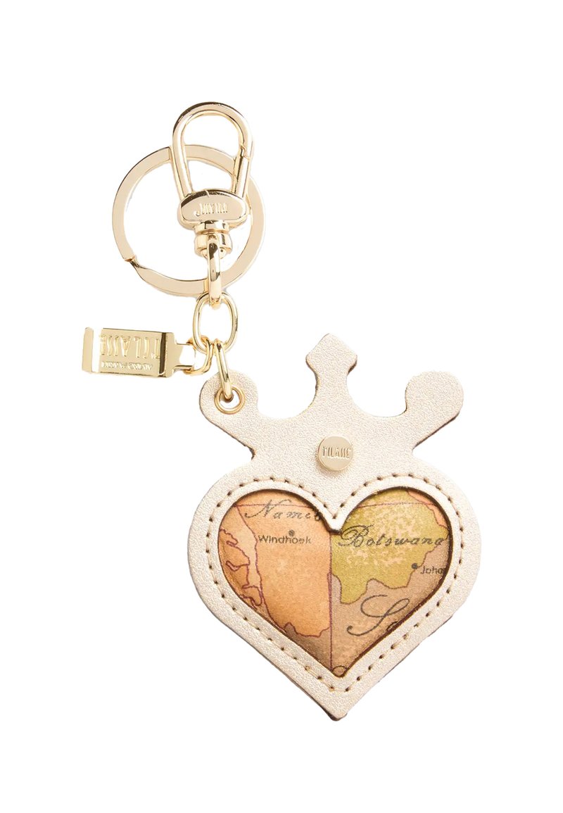 Portachiavi a forma di cuore in pelle color crema con accessori dorati. Presenta un design mappale in tonalità calde, accentuato da bordi cuciti e un dettaglio a corona.