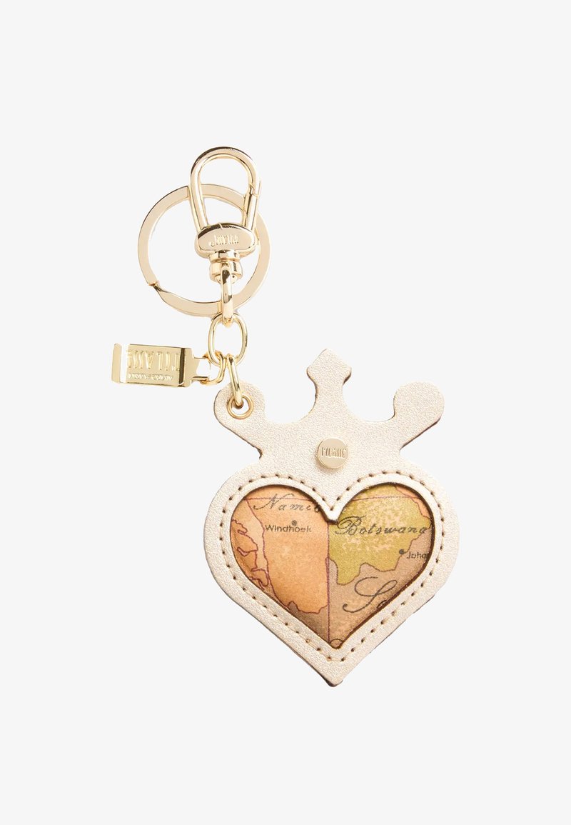 Portachiavi a forma di cuore in pelle color crema con accessori dorati. Presenta un design mappale in tonalità calde, accentuato da bordi cuciti e un dettaglio a corona.