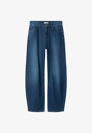 Blugi din denim albastru închis, cu picior larg, buzunare frontale, bucle pentru curea, închidere cu nasture și mici fante frontale la tivuri.