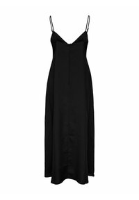 Musthave mustribu varrukateta must kleit V-kaelusega, valmistatud siledast kangast. Omab keskmist õmblust ja ulatub põlve keskele. Minimalistlik disain.