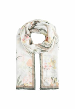 Écharpe blanche légère à imprimé floral pastel avec des bordures vertes et brunes, pliée de manière lâche avec une boucle centrale.