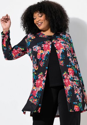 Schwarzer Cardigan mit Blumenmuster und langen Ärmeln, der mit lebhaften pinken, roten und blauen Blumen verziert ist; leichtes, fließendes Material mit lockerer Passform.