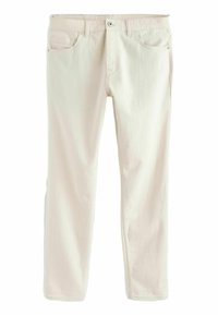 Ljusbeige denimbyxor med rak passform, fem fickor, framknäppning med knapp och subtil textilstruktur. Inga påtagliga mönster eller dekorationer.