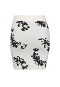 Fustă tip creion tricotată în alb cu un model floral negru, având o formă ajustată și un brâu lat cu nervuri pentru confort.