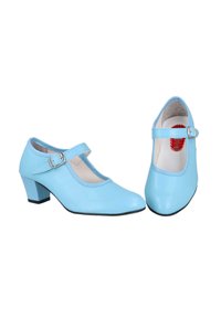 Zapatos Mary Jane de charol azul claro con un bajo tacón cuadrado, punta redondeada y una correa adjustable con hebilla plateada.