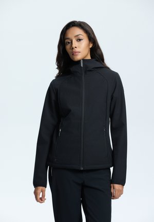 Zwarte softshell jas met een capuchon, rits aan de voorkant, zijzakken en een aansluitend ontwerp. Glad textuur met naadaccenten.