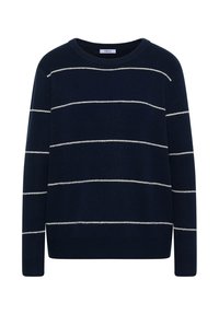 Navy sweater with horizontal white stripes, ribbed texture, round neckline, and long sleeves. Fabric appears soft and knit.
