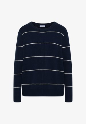 Suéter azul marino con rayas horizontales blancas, textura acanalada, escote redondo y mangas largas. La tela parece suave y de punto.