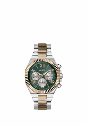 Men’s wristwatch with green dial, gold Roman numerals, three subdials, and two-tone silver and gold metal link band.