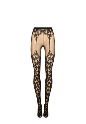 Collants en dentelle noire avec un fond nude transparent, présentant des motifs floraux complexes, une taille haute et des sections ouvertes au niveau des hanches.