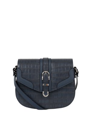 Sac bandoulière bleu marine avec texture crocodile, rabat avant, détail boucle argentée et bandoulière réglable.