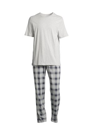 Grijze katoenen t-shirt gecombineerd met geruite pyjamabroek in blauw, grijs en wit. De broek heeft een elastische tailleband voor comfort.