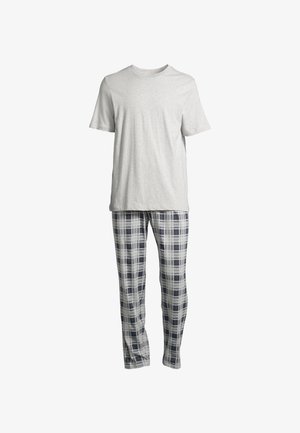 Grijze katoenen t-shirt gecombineerd met geruite pyjamabroek in blauw, grijs en wit. De broek heeft een elastische tailleband voor comfort.