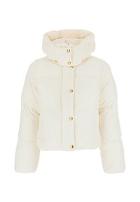 Giacca puffer crema con colletto alto e chiusura con bottoni dorati. Presenta una texture trapuntata e maniche corte e voluminose.