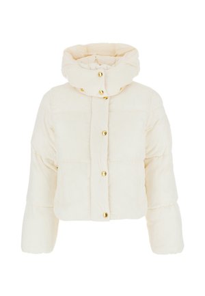 Giacca puffer crema con colletto alto e chiusura con bottoni dorati. Presenta una texture trapuntata e maniche corte e voluminose.