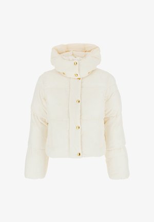 Giacca puffer crema con colletto alto e chiusura con bottoni dorati. Presenta una texture trapuntata e maniche corte e voluminose.