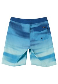 Modré gradientové plavky s hladkou textúrou, obsahujúce zadné vrecko a jednoduchý pás. Jemný prechod farieb od tmavomodrej po svetlomodrú.