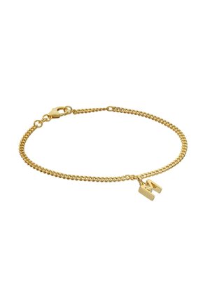 Gold chain bracelet with a small gold letter "M" charm and a lobster clasp closure.