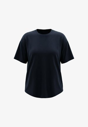 Enkelt sort T-shirt med korte ærmer og rund hals med en afslappet pasform, vist mod en hvid baggrund.